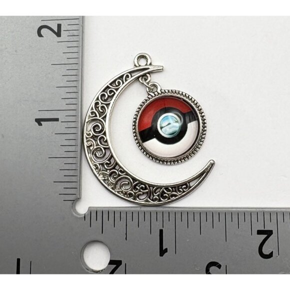 Pokeball Inspired Crescent Moon Pendant Silver Tone Pokemon Gaming Celestial - Picture 3 of 6